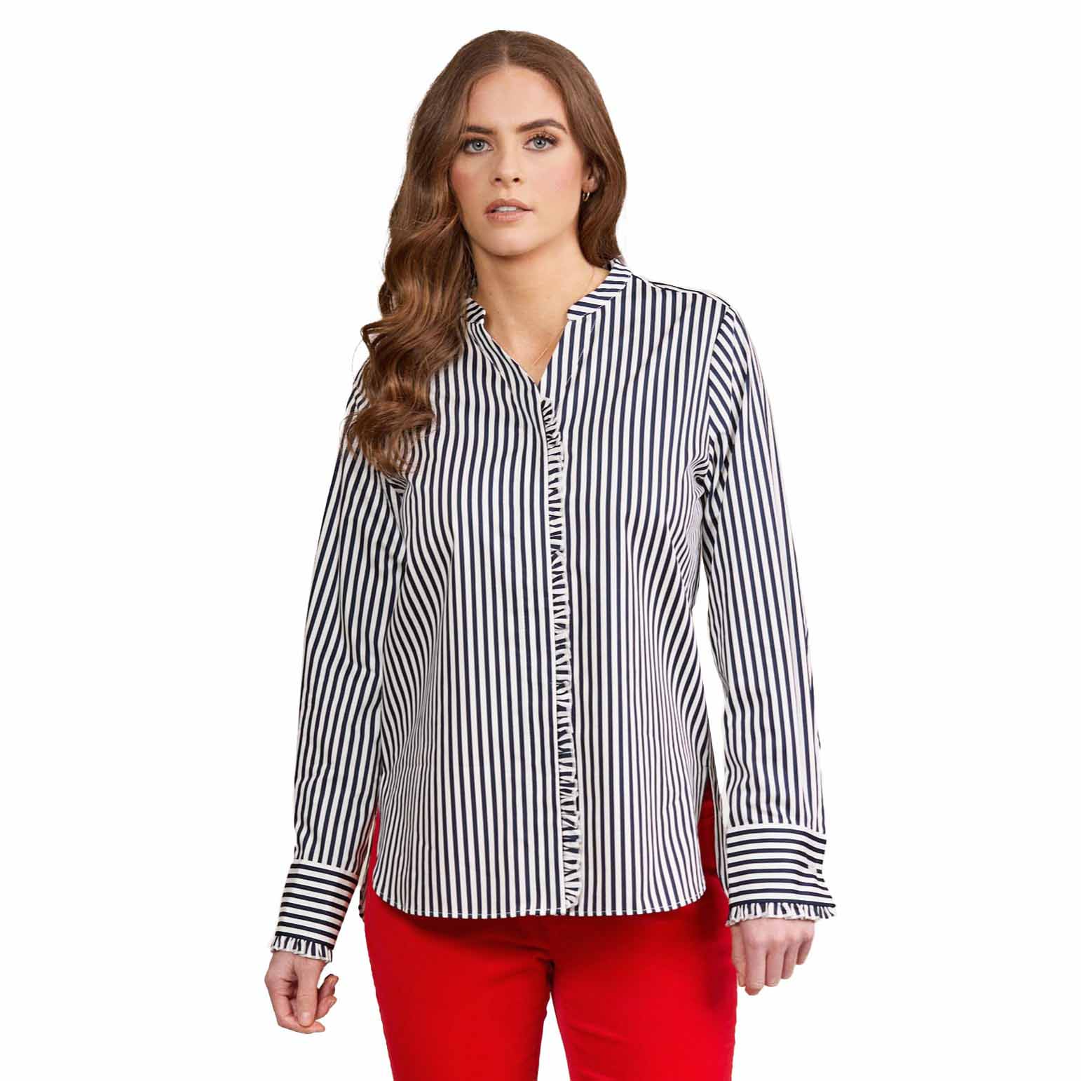 Vassalli Ruffle Trim V Neck Shirt